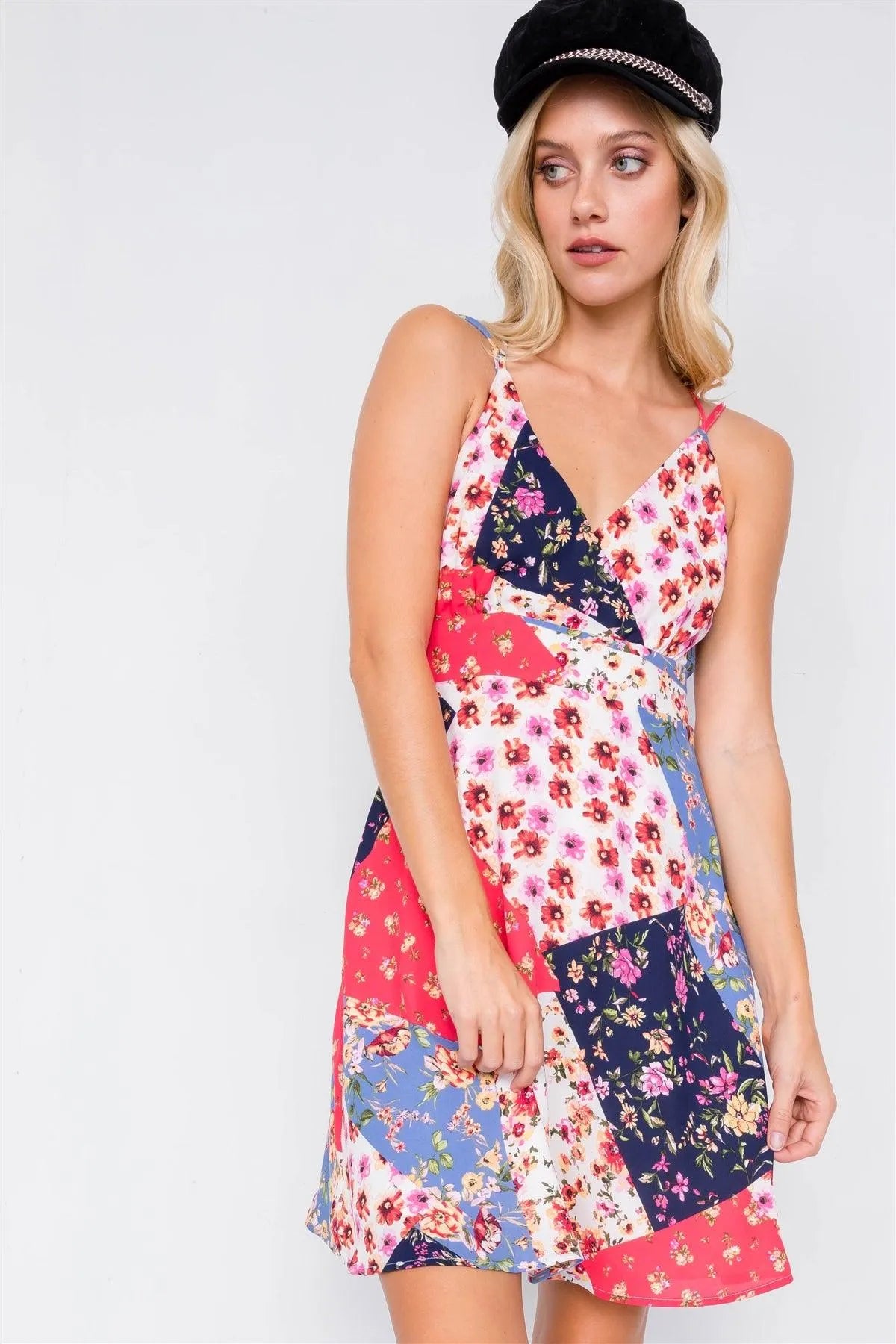 Navy Red Multi Floral Print Fit & Flare Skater Mini Dress /2-2-2 - Tasha Apparel Wholesale
