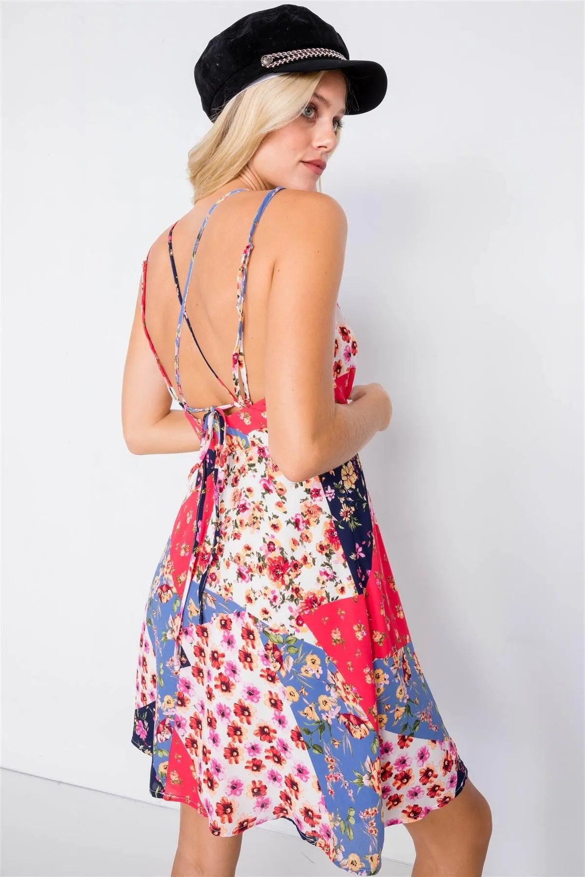 Navy Red Multi Floral Print Fit & Flare Skater Mini Dress /2-2-2 - Tasha Apparel Wholesale