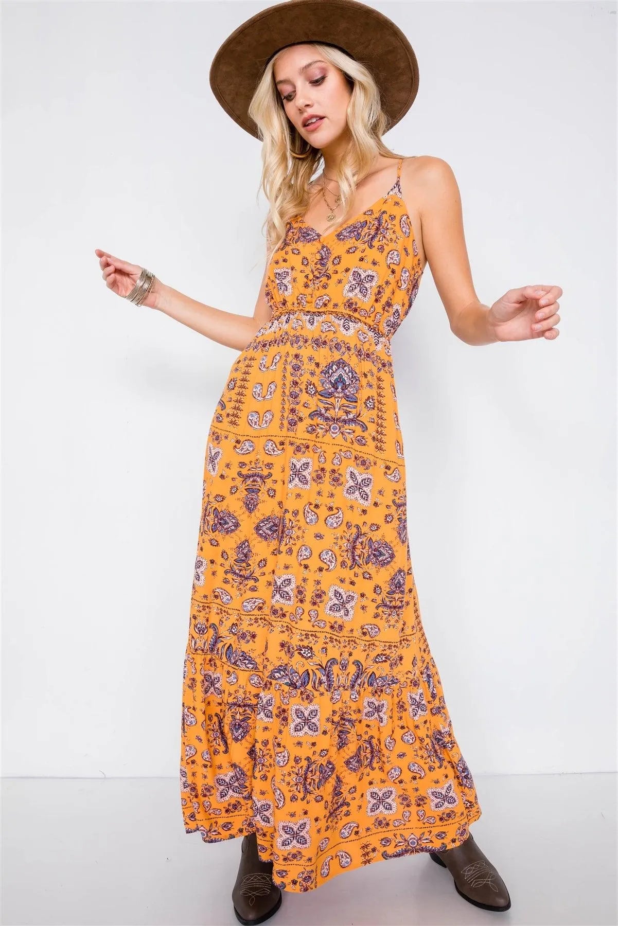 Mustard Boho Print V-Neck Cami Straps Maxi Dress /1-2-2 Mustard Boho Print V-Neck Cami Straps Maxi Dress /1-2-2