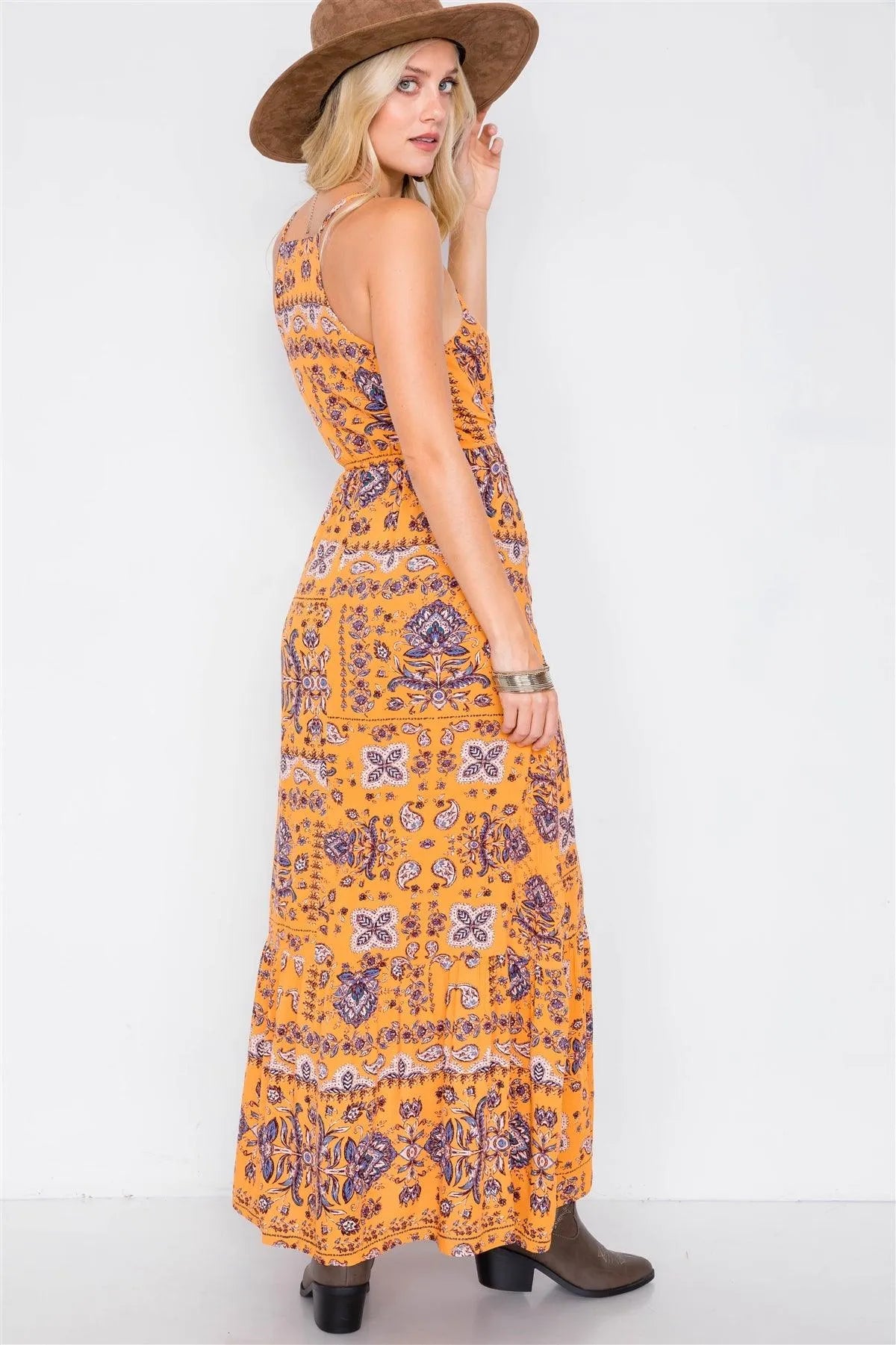 Mustard Boho Print V-Neck Cami Straps Maxi Dress /1-2-2 - Tasha Apparel Wholesale