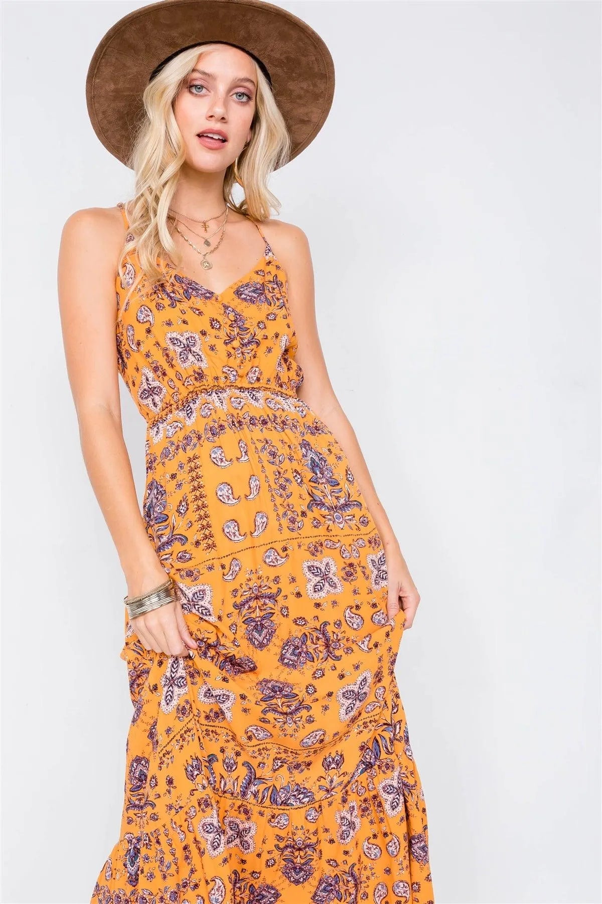 Mustard Boho Print V-Neck Cami Straps Maxi Dress /1-2-2 - Tasha Apparel Wholesale