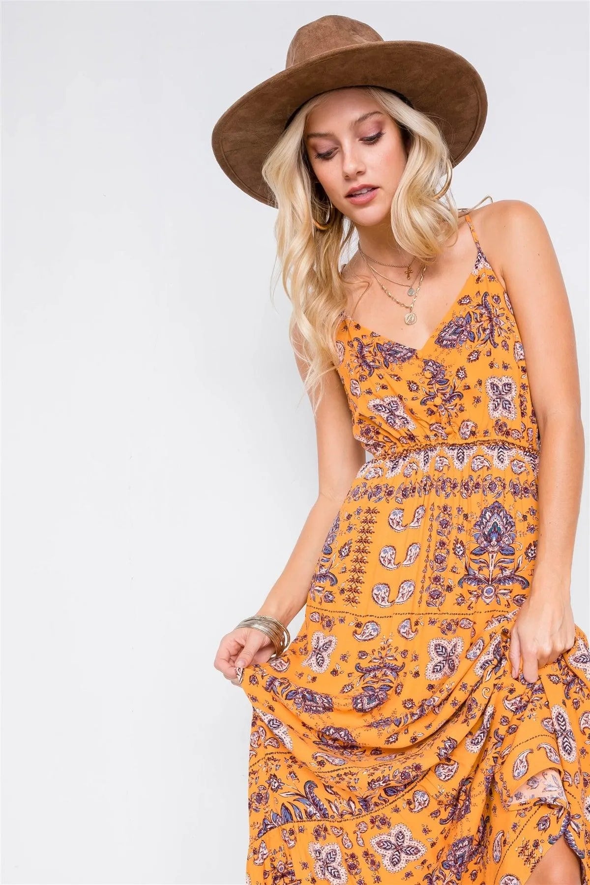 Mustard Boho Print V-Neck Cami Straps Maxi Dress /1-2-2 - Tasha Apparel Wholesale