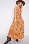 Mustard Boho Print V-Neck Cami Straps Maxi Dress /3-1-2 - Tasha Apparel Wholesale