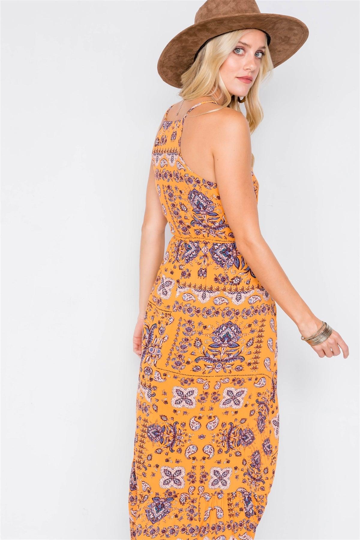 Mustard Boho Print V-Neck Cami Straps Maxi Dress  /3-1-2