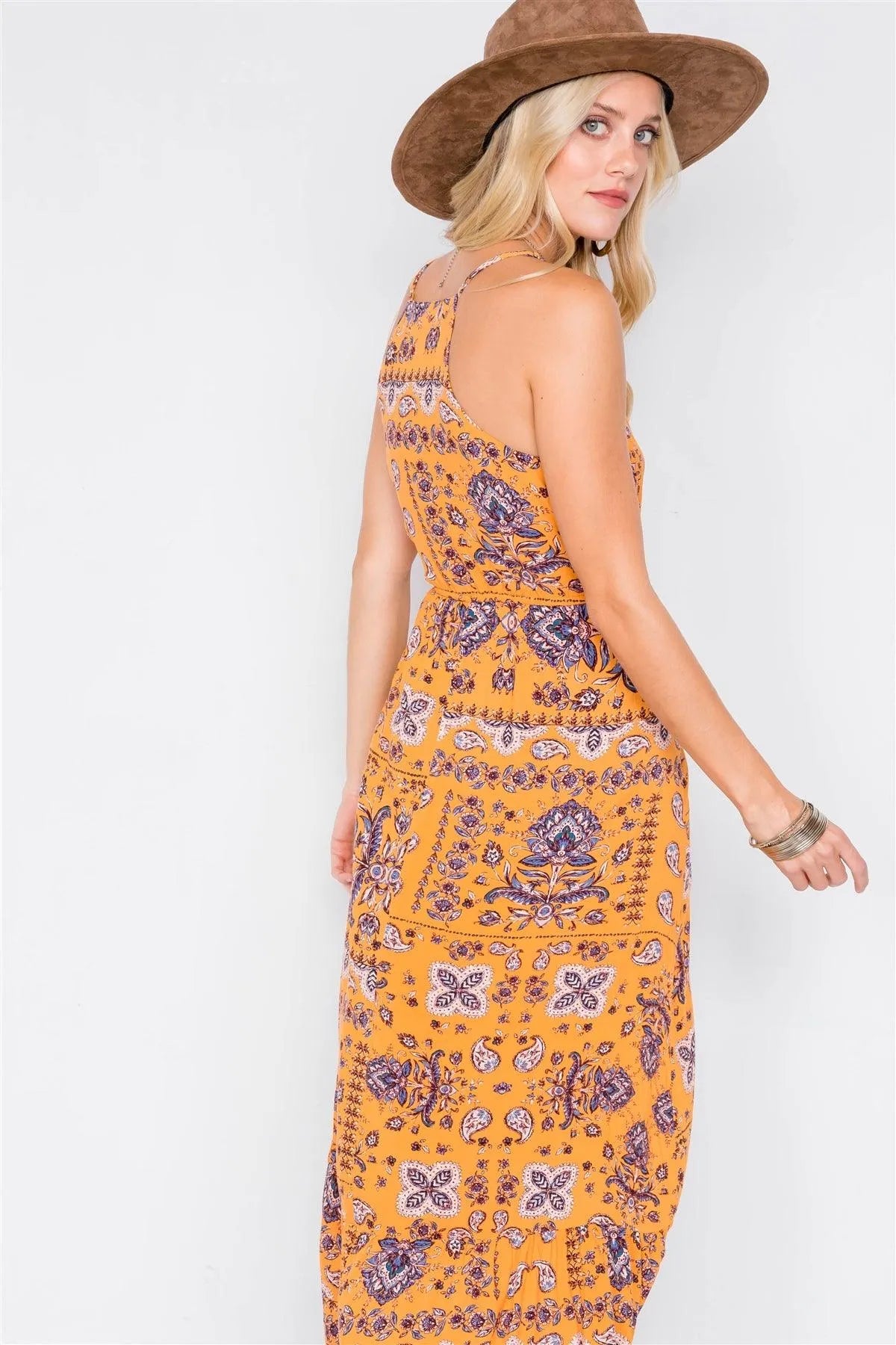 Mustard Boho Print V-Neck Cami Straps Maxi Dress /3-1-2 - Tasha Apparel Wholesale