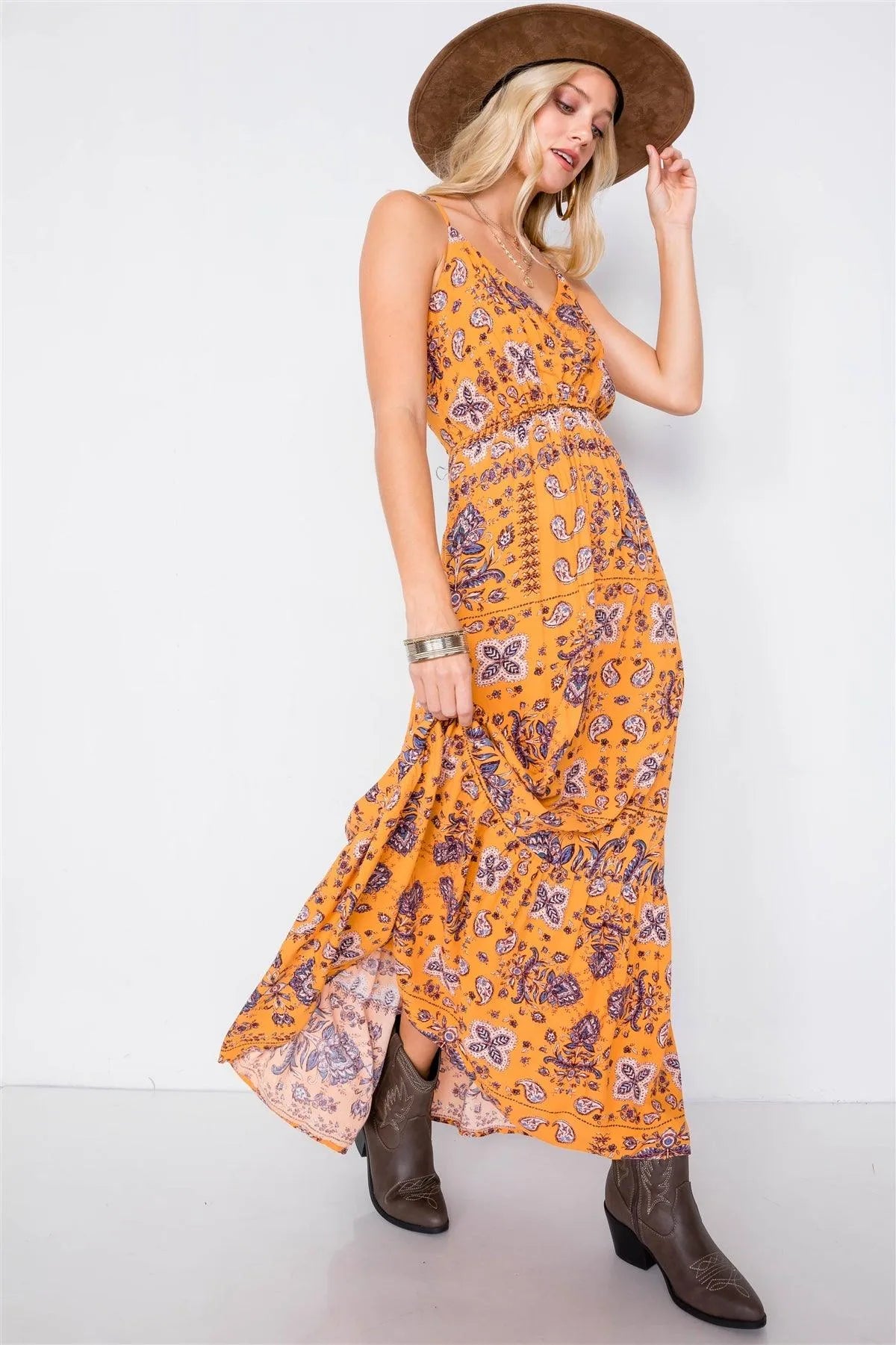 Mustard Boho Print V-Neck Cami Straps Maxi Dress /3-1-2 - Tasha Apparel Wholesale