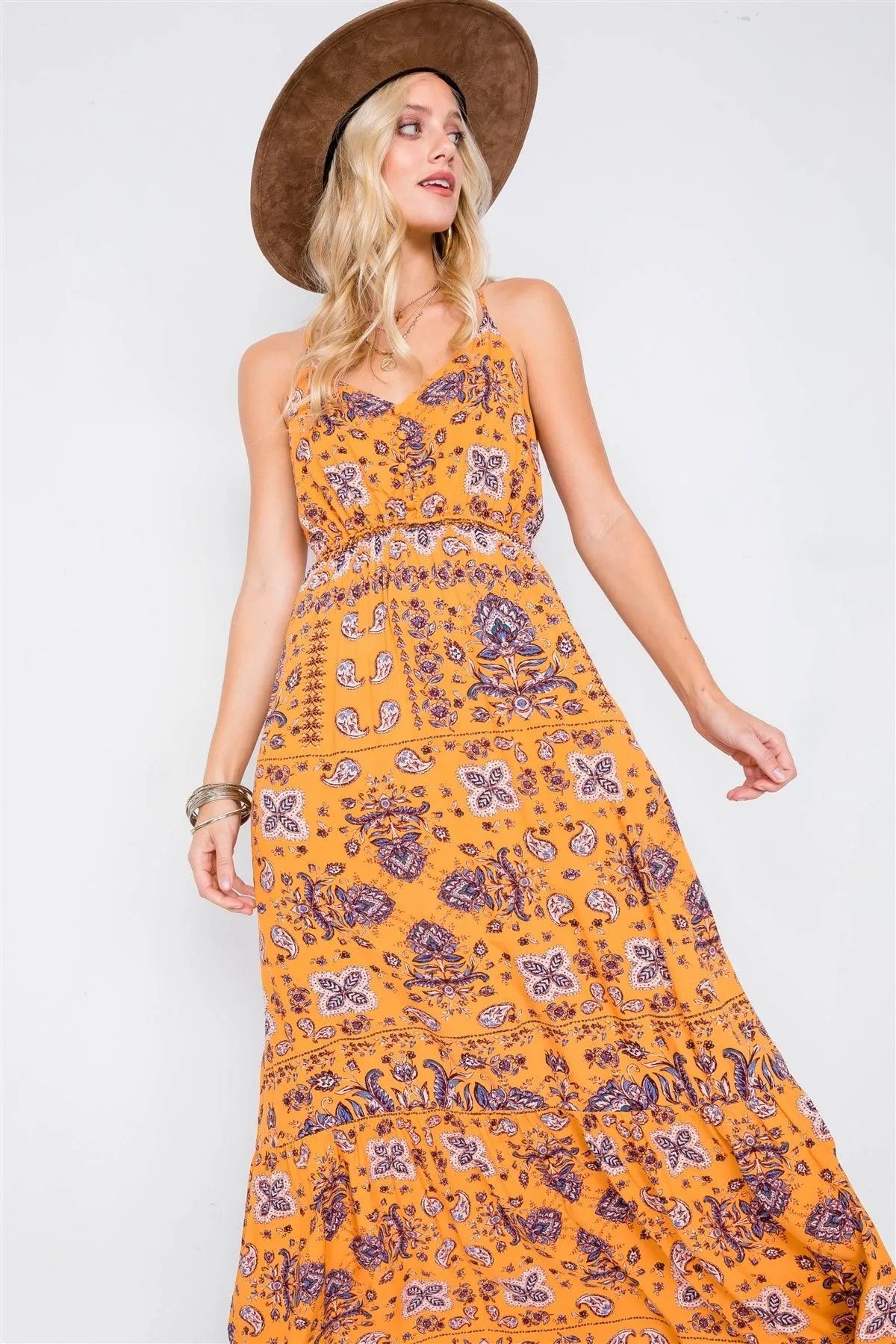 Mustard Boho Print V-Neck Cami Straps Maxi Dress /3-1-2 - Tasha Apparel Wholesale