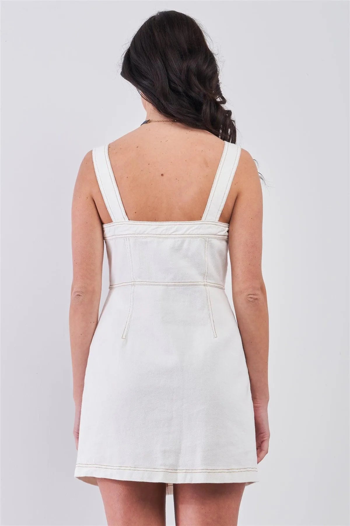 Off-White Denim Sleeveless Square Neck Front Button Down Two Front Pockets Fitted Mini Dress /3-2-1 - Tasha Apparel Wholesale