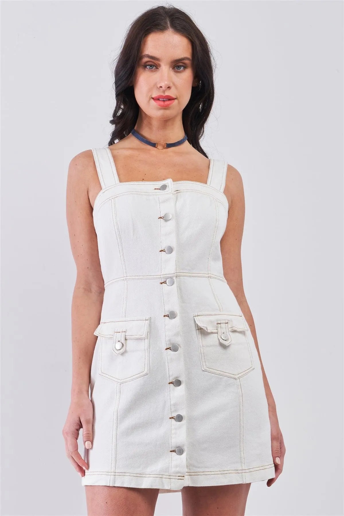 Off-White Denim Sleeveless Square Neck Front Button Down Two Front Pockets Fitted Mini Dress /3-2-1 - Tasha Apparel Wholesale