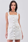 Off-White Denim Sleeveless Square Neck Front Button Down Two Front Pockets Fitted Mini Dress /2-1-2 - Tasha Apparel Wholesale