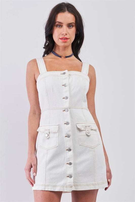 Off-White Denim Sleeveless Square Neck Front Button Down Two Front Pockets Fitted Mini Dress /2-1-2 - Tasha Apparel Wholesale