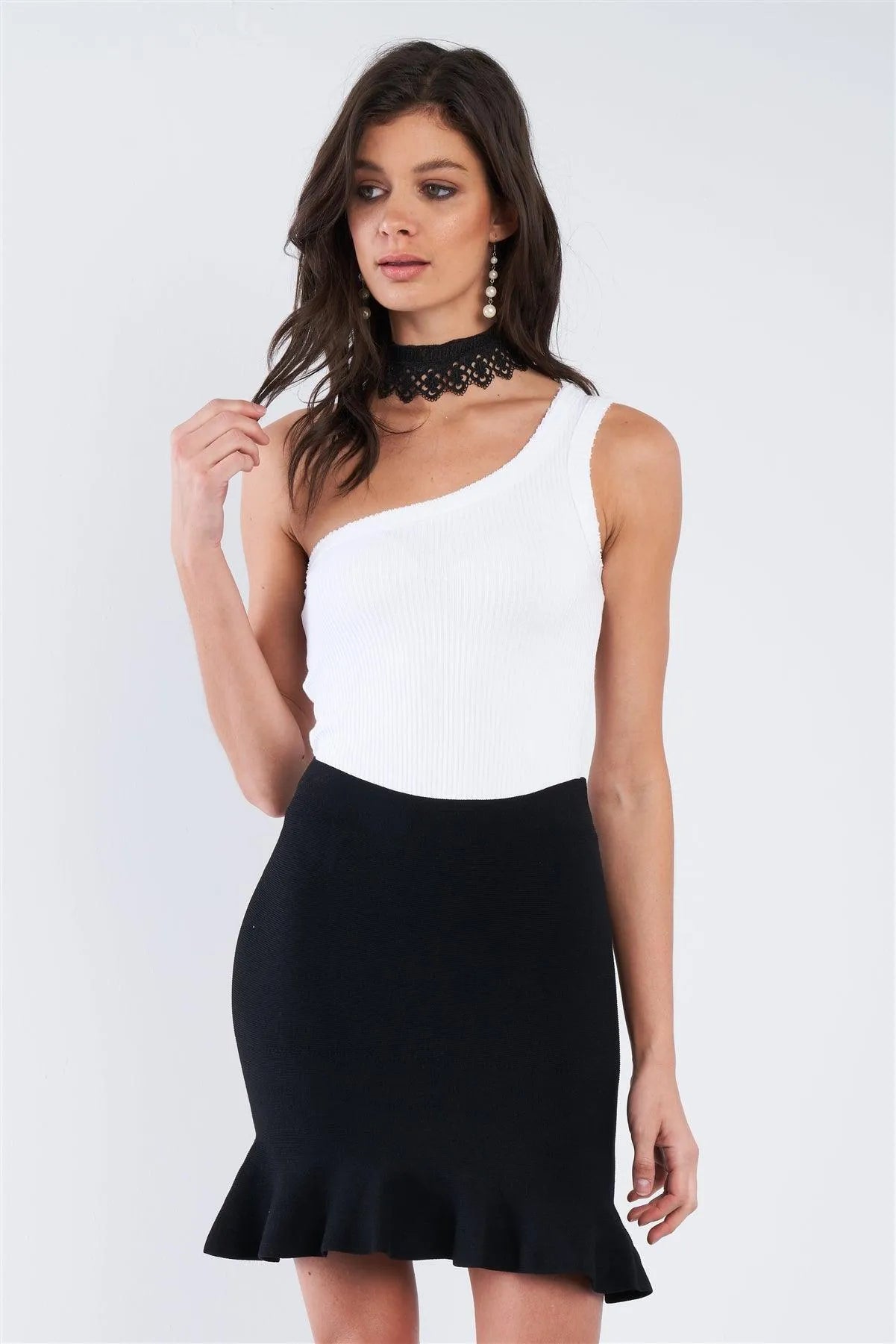 Black Sleek Mermaid Frill Hem Mini Skirt /2-2-2 - Tasha Apparel Wholesale