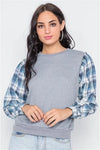 Grey Knit Plaid Contrast Sleeves Combo Top - Tasha Apparel Wholesale