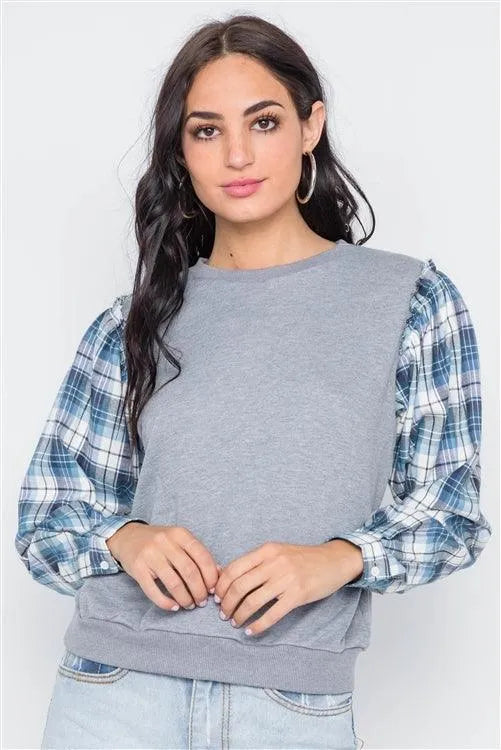 Grey Knit Plaid Contrast Sleeves Combo Top - Tasha Apparel Wholesale