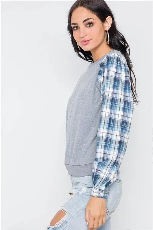 Grey Knit Plaid Contrast Sleeves Combo Top - Tasha Apparel Wholesale