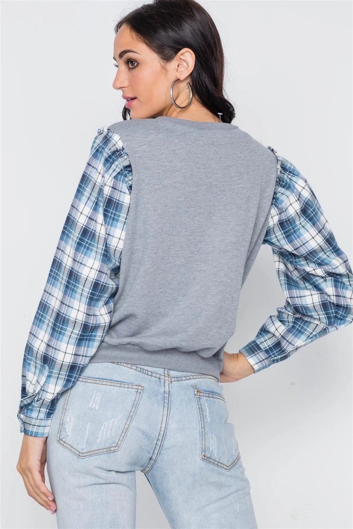 Grey Knit Plaid Contrast Sleeves Combo Top - Tasha Apparel Wholesale