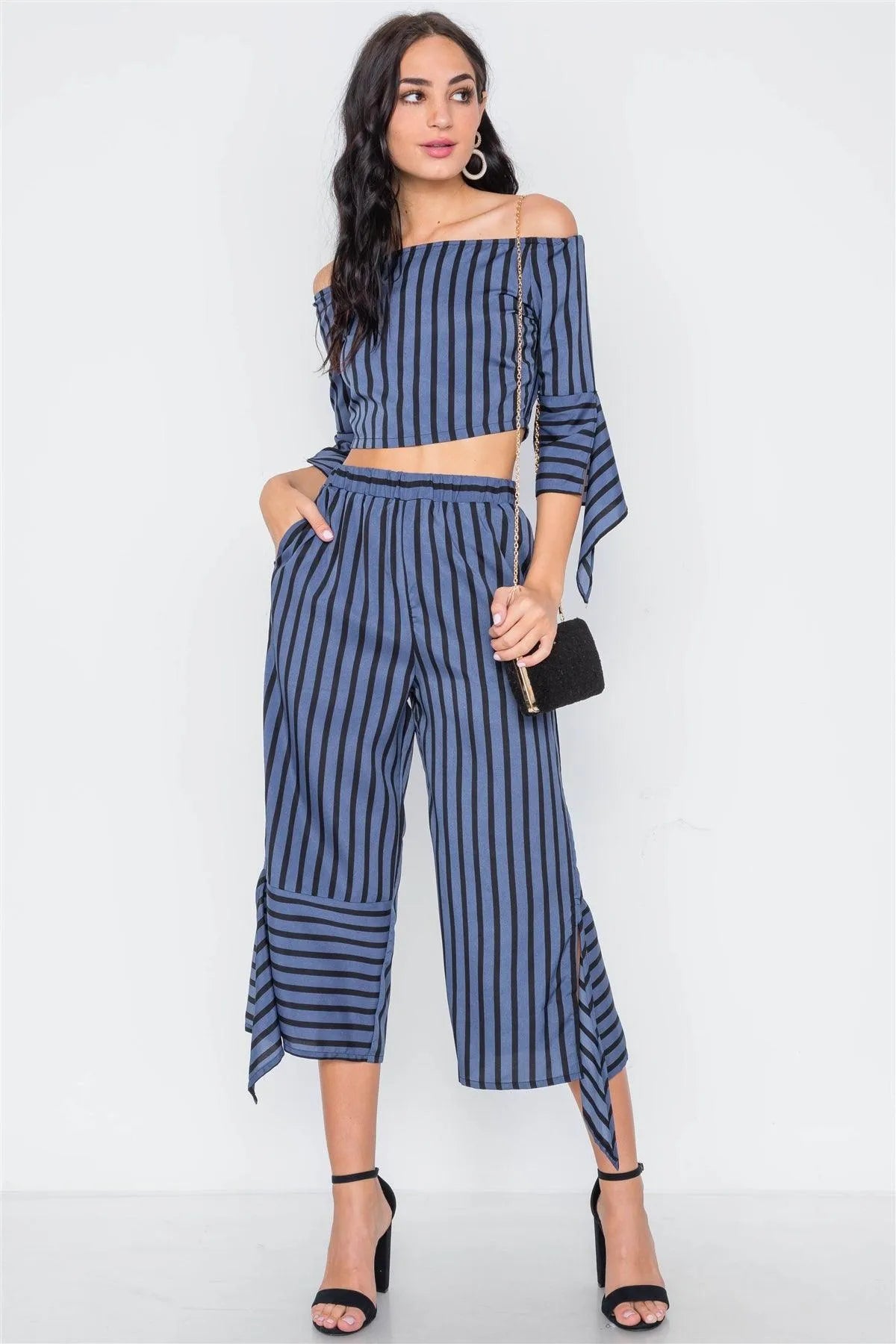 Blue Black Stripe Flounce Capri Pants - Tasha Apparel Wholesale