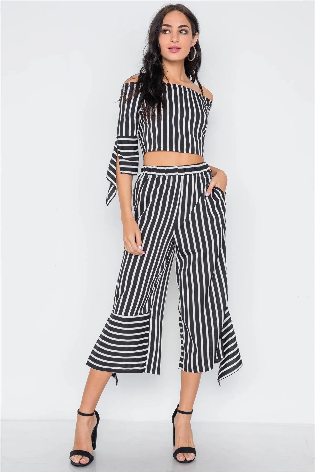 White Black Stripe Flounce Capri Pants - Tasha Apparel Wholesale