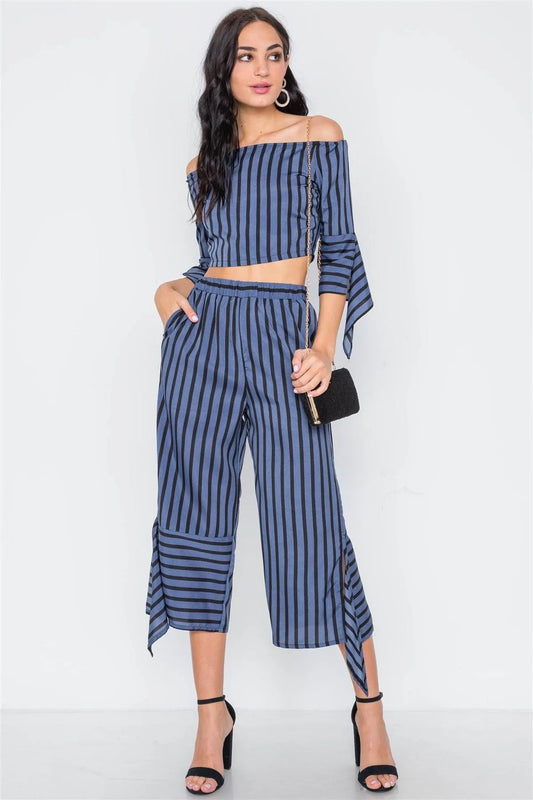 Blue Black Stripe Flounce Two Piece Top Pants Set - Tasha Apparel Wholesale