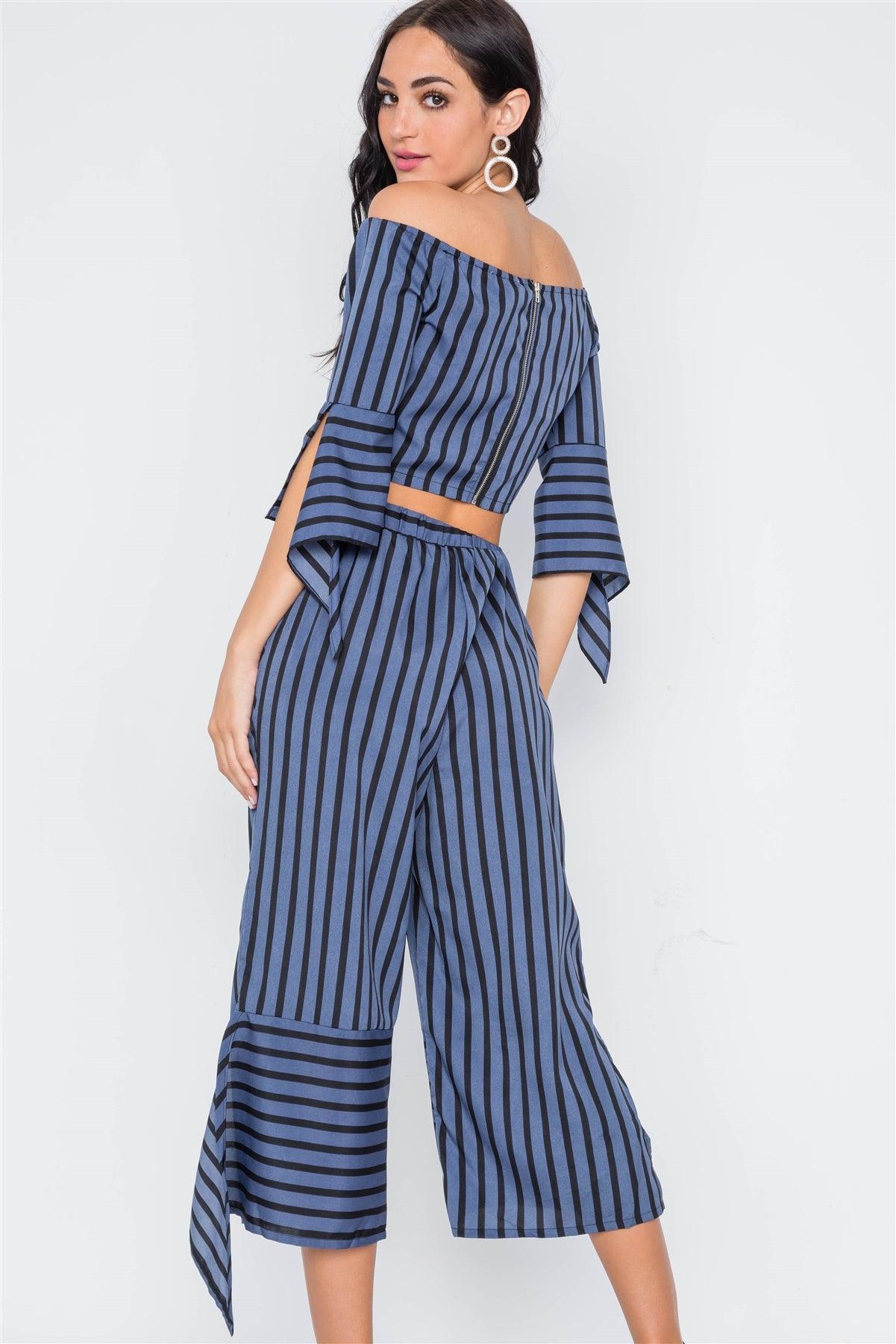 Blue Black Stripe Flounce Two Piece Top Pants Set