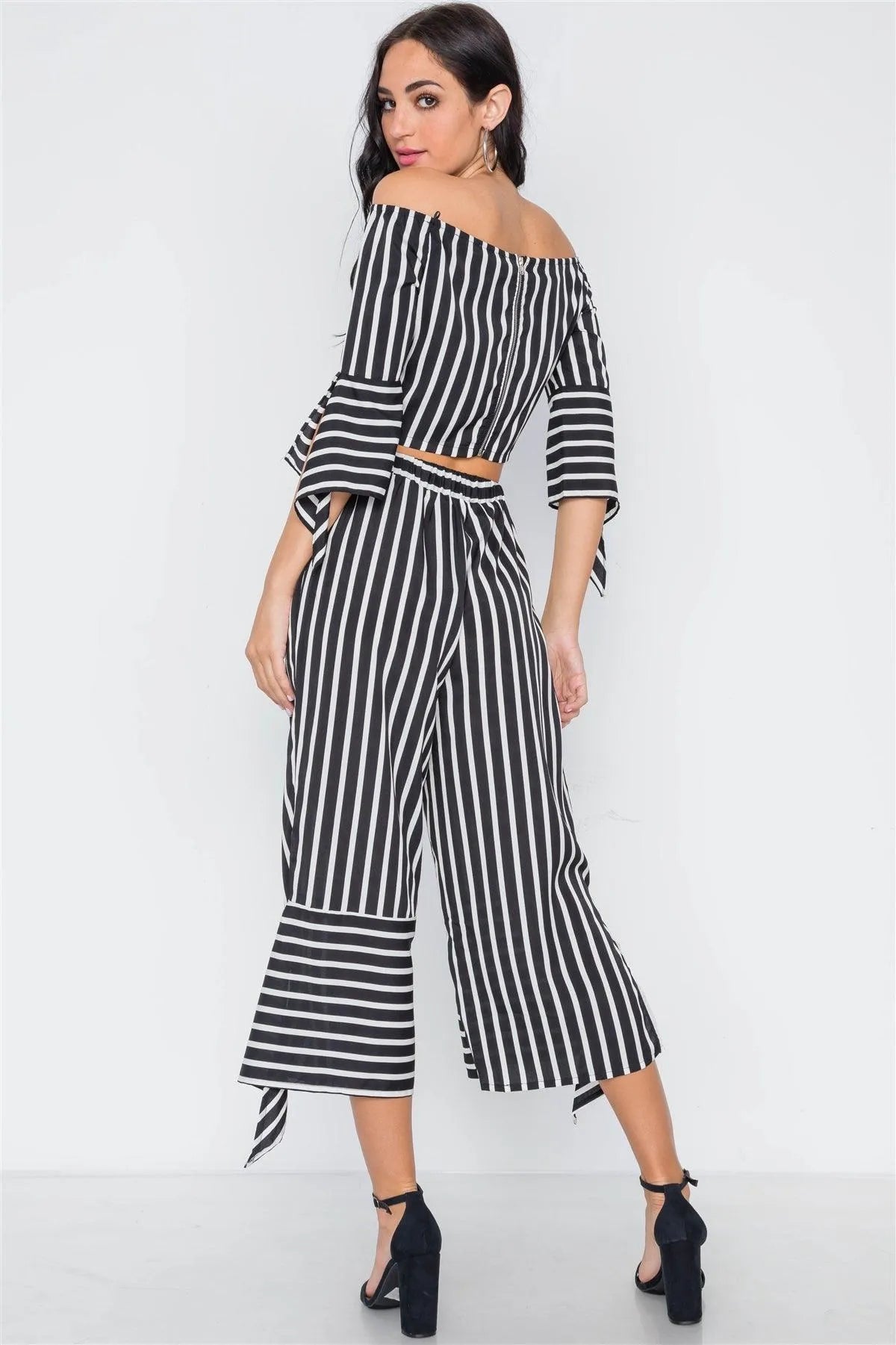 White Black Stripe Flounce Two Piece Top Pants Set - Tasha Apparel Wholesale