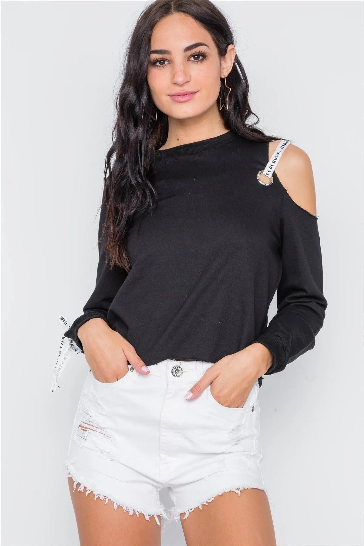 Black Cold Shoulder Long Sleeve Knit Top /3-3-1 - Tasha Apparel Wholesale