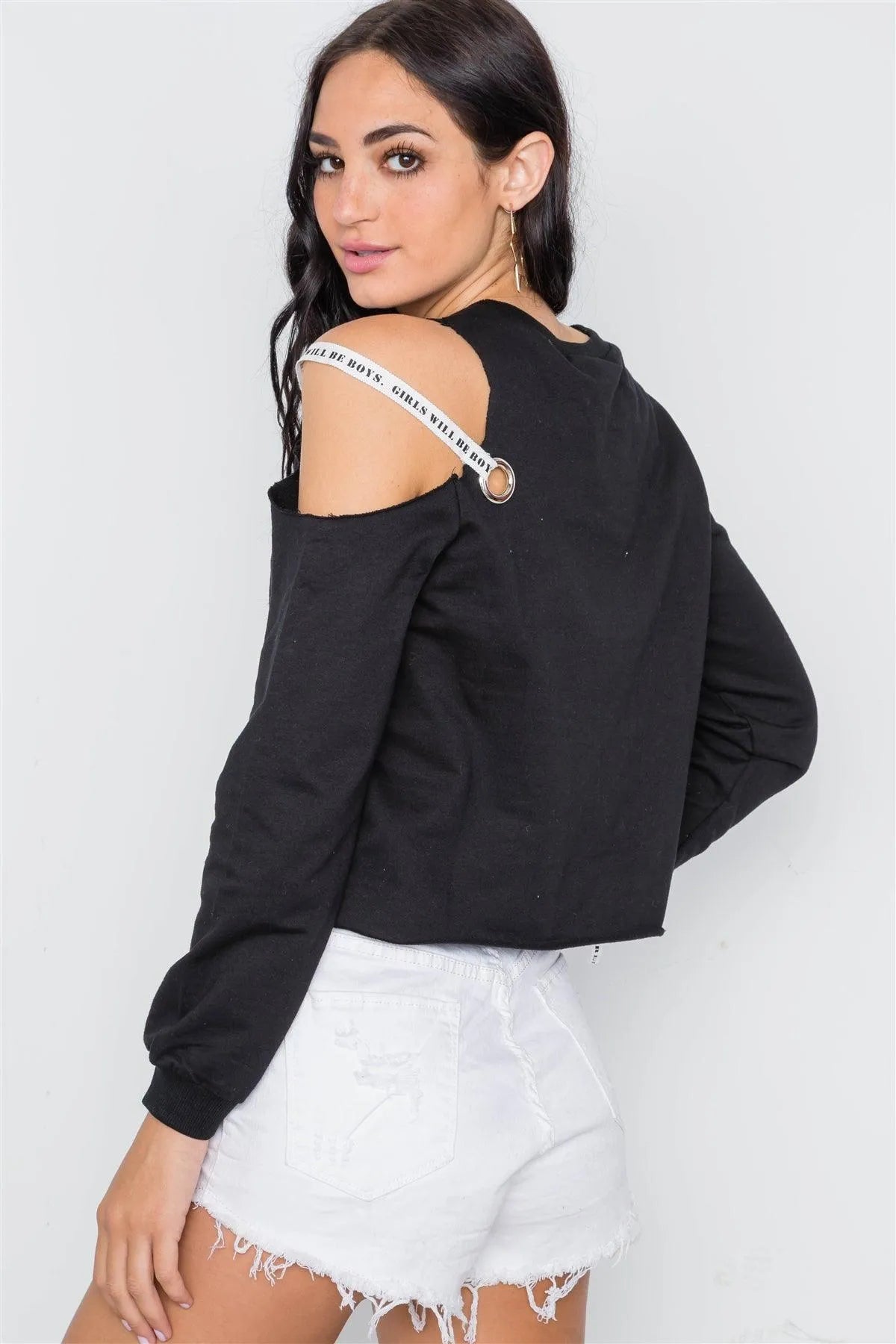 Black Cold Shoulder Long Sleeve Knit Top /3-3-1 - Tasha Apparel Wholesale