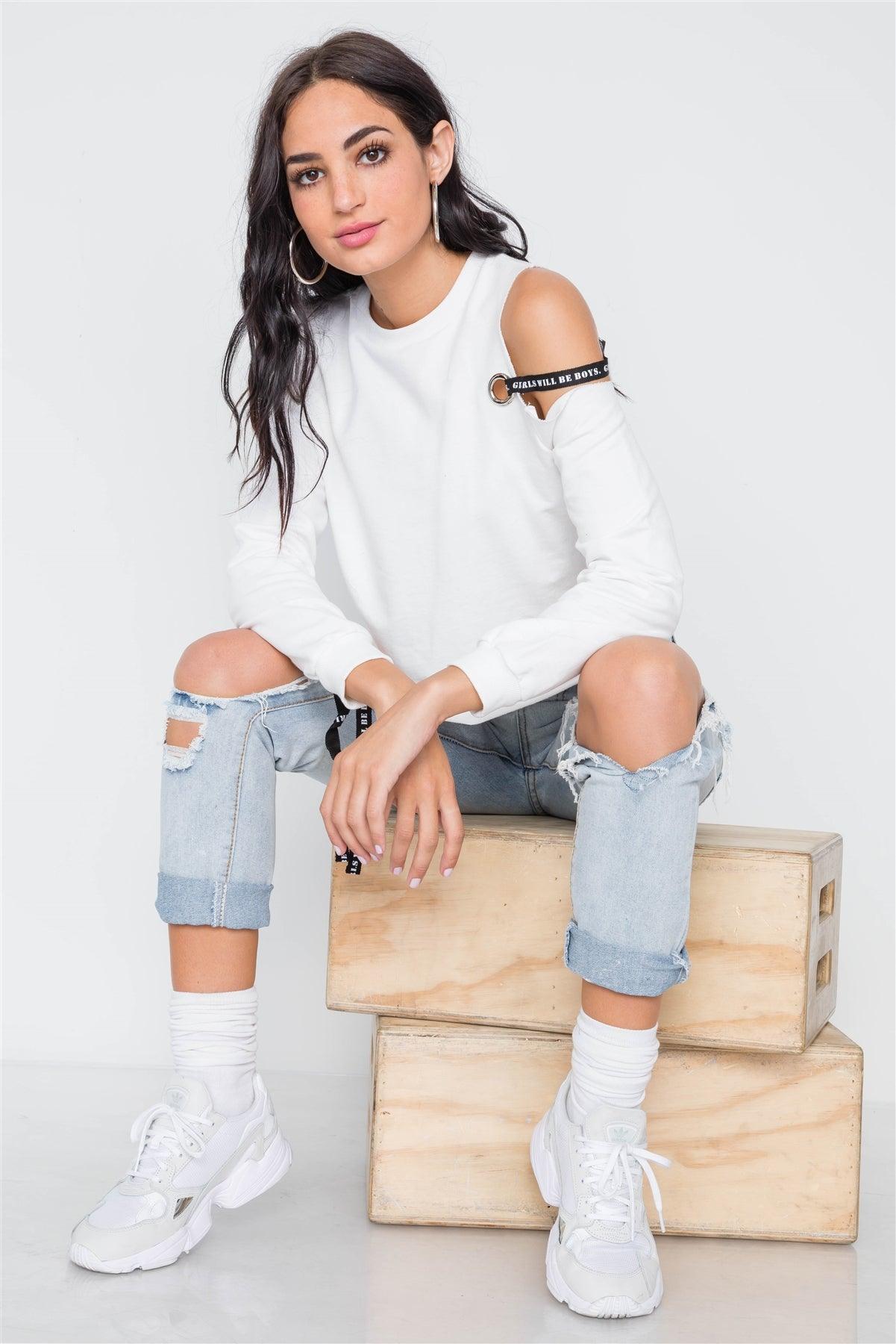 White Cold Shoulder Long Sleeve Knit Top /3-3-1