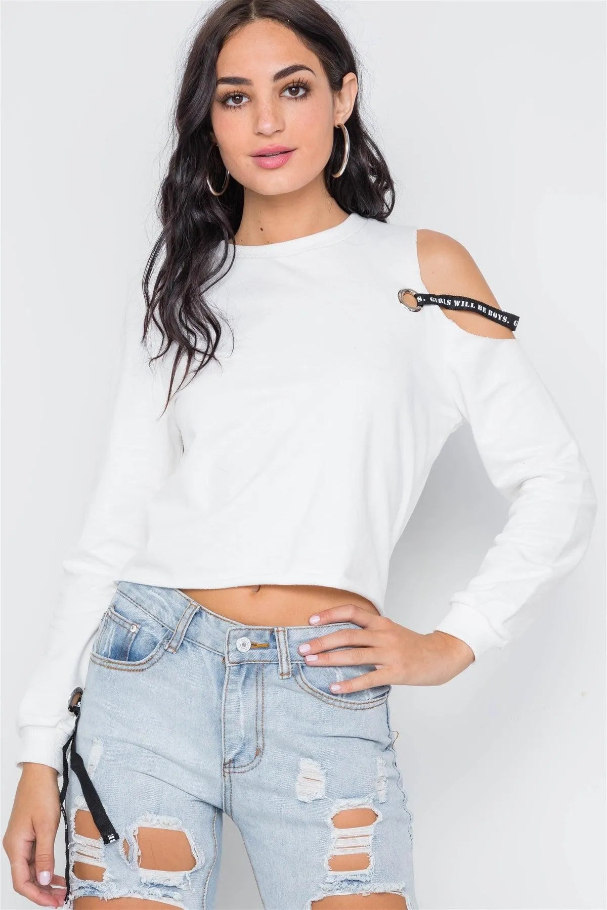 White Cold Shoulder Long Sleeve Knit Top /3-3-1 - Tasha Apparel Wholesale