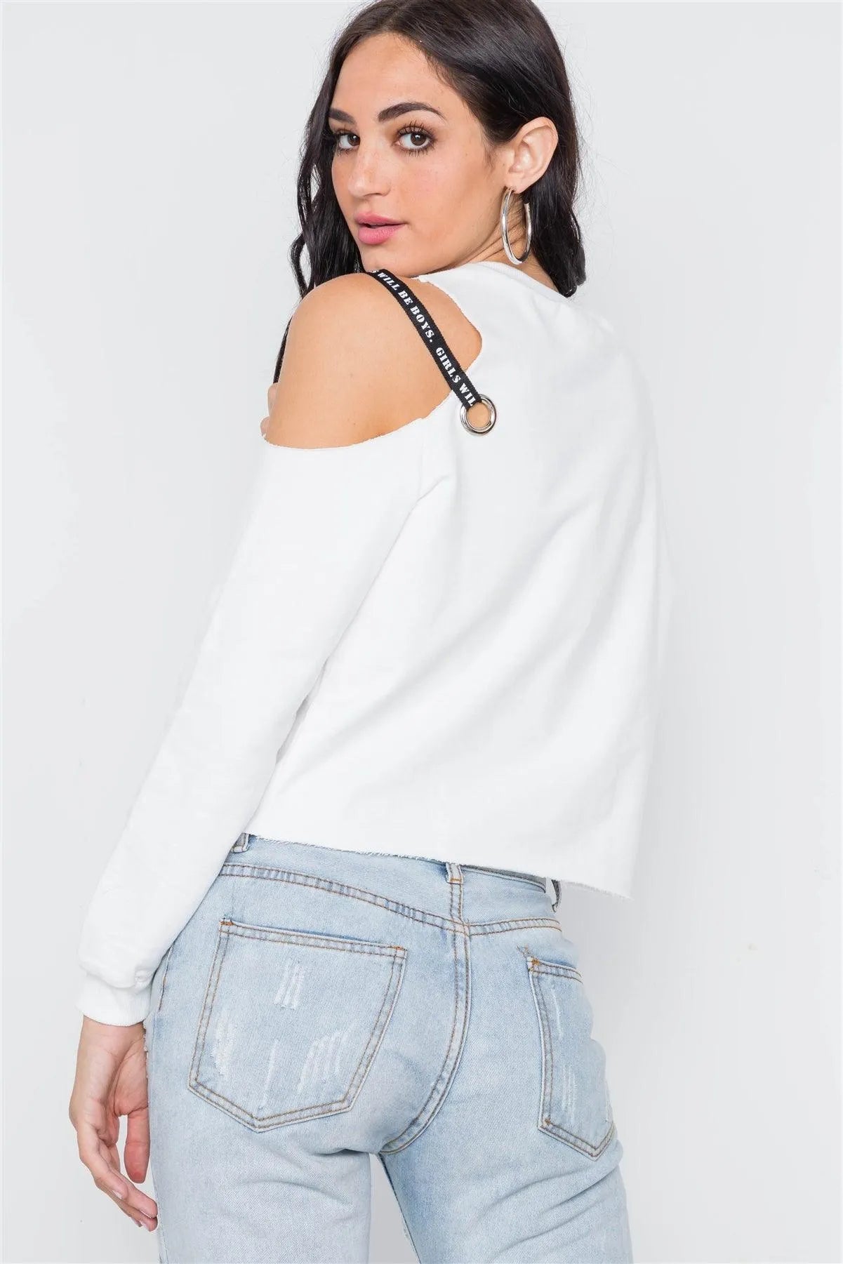 White Cold Shoulder Long Sleeve Knit Top /3-3-1 - Tasha Apparel Wholesale