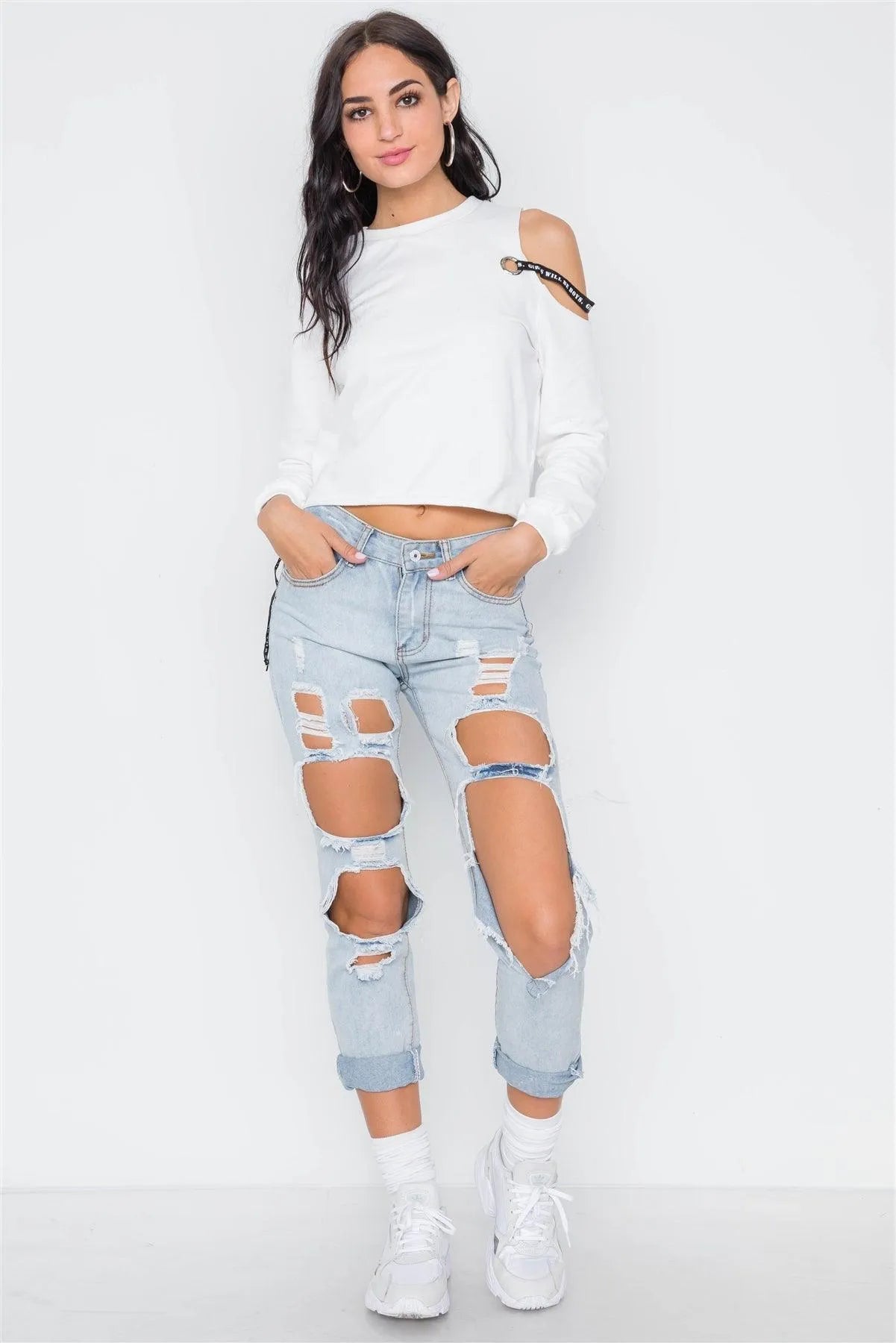 White Cold Shoulder Long Sleeve Knit Top /3-3-1 - Tasha Apparel Wholesale
