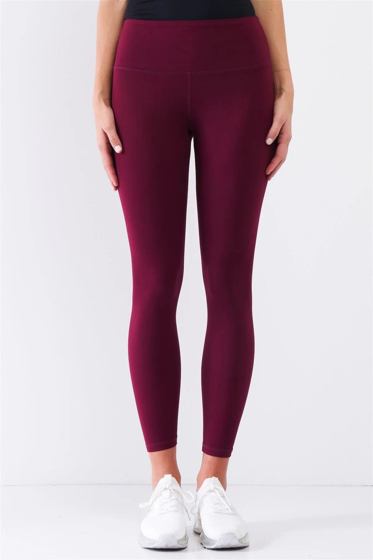 Wine Red Mid-Rise Inner Waist Pocket Detail Tight Fit Soft Yoga & Work Out Legging Pants /1-2-2-1 - Tasha Apparel Wholesale