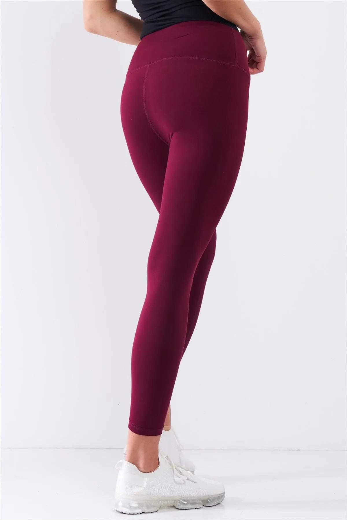 Wine Red Mid-Rise Inner Waist Pocket Detail Tight Fit Soft Yoga & Work Out Legging Pants /1-2-2-1 - Tasha Apparel Wholesale