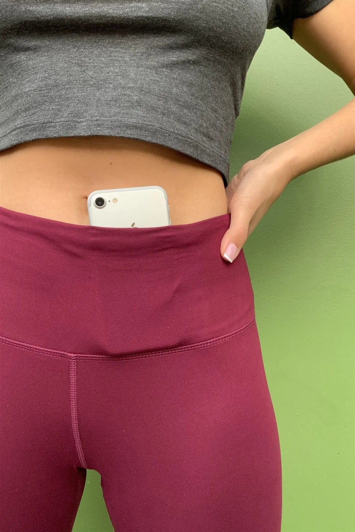 Wine Red Mid-Rise Inner Waist Pocket Detail Tight Fit Soft Yoga & Work Out Legging Pants /1-2-2-1 - Tasha Apparel Wholesale