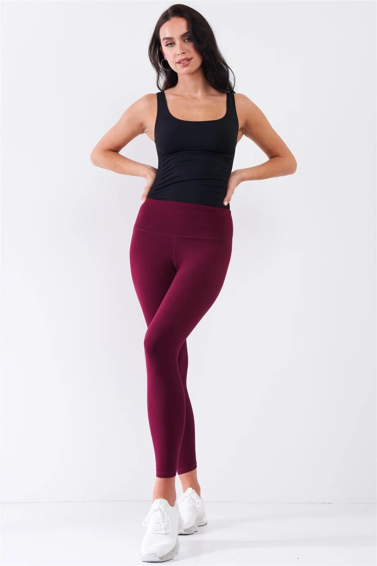 Wine Red Mid-Rise Inner Waist Pocket Detail Tight Fit Soft Yoga & Work Out Legging Pants /1-2-2-1 - Tasha Apparel Wholesale