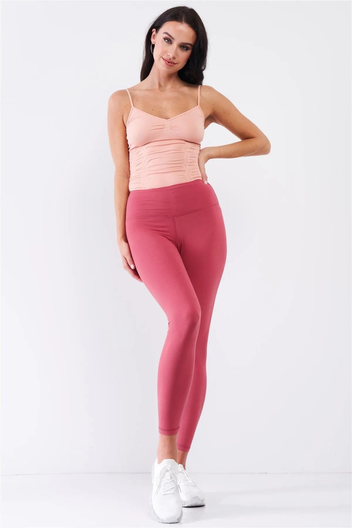Coral Pink Mid-Rise Inner Waist Pocket Detail Tight Fit Soft Yoga & Work Out Legging Pants /1-2-2-1 - Tasha Apparel Wholesale