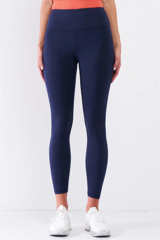 Navy Blue Mid-Rise Inner Waist Pocket Detail Tight Fit Soft Yoga & Work Out Legging Pants /1-2-2-1 - Tasha Apparel Wholesale