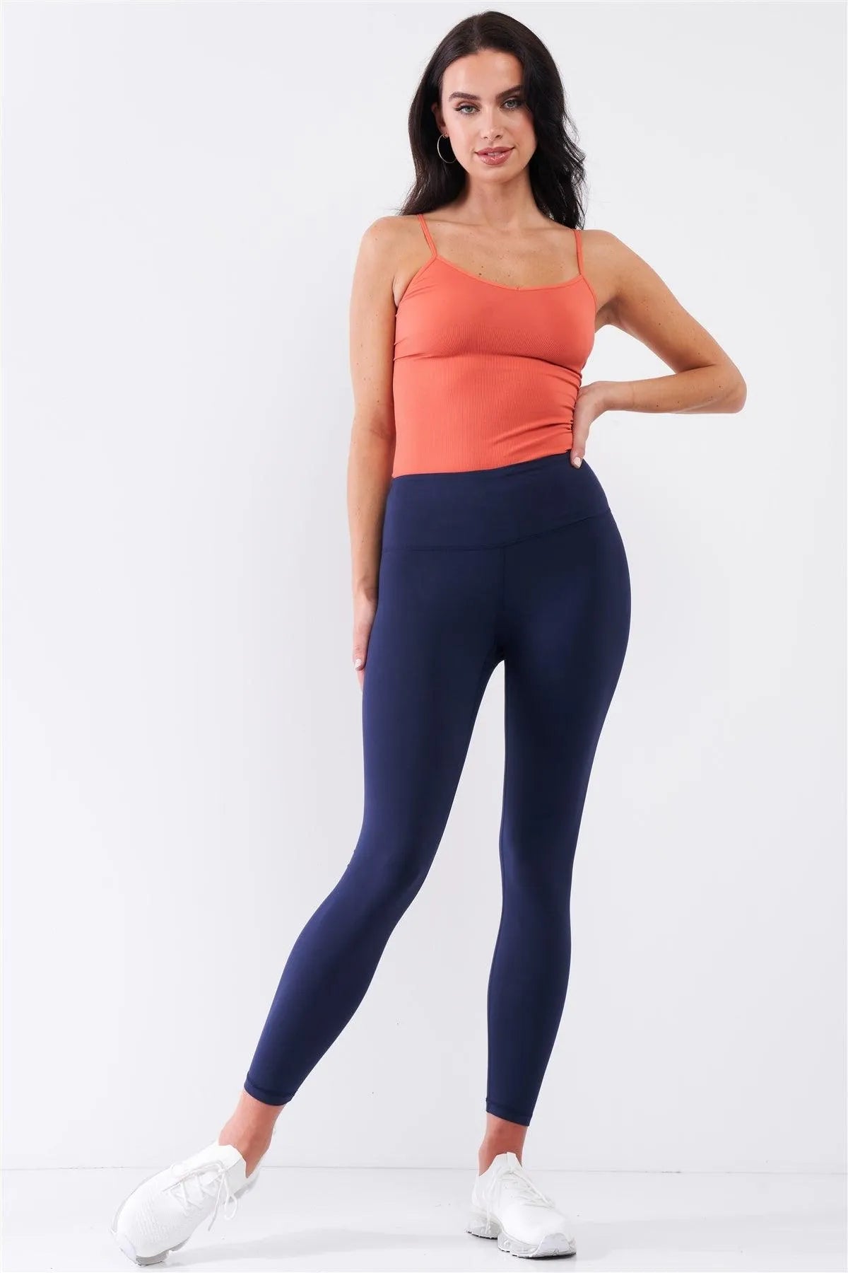 Navy Blue Mid-Rise Inner Waist Pocket Detail Tight Fit Soft Yoga & Work Out Legging Pants /1-2-2-1 - Tasha Apparel Wholesale