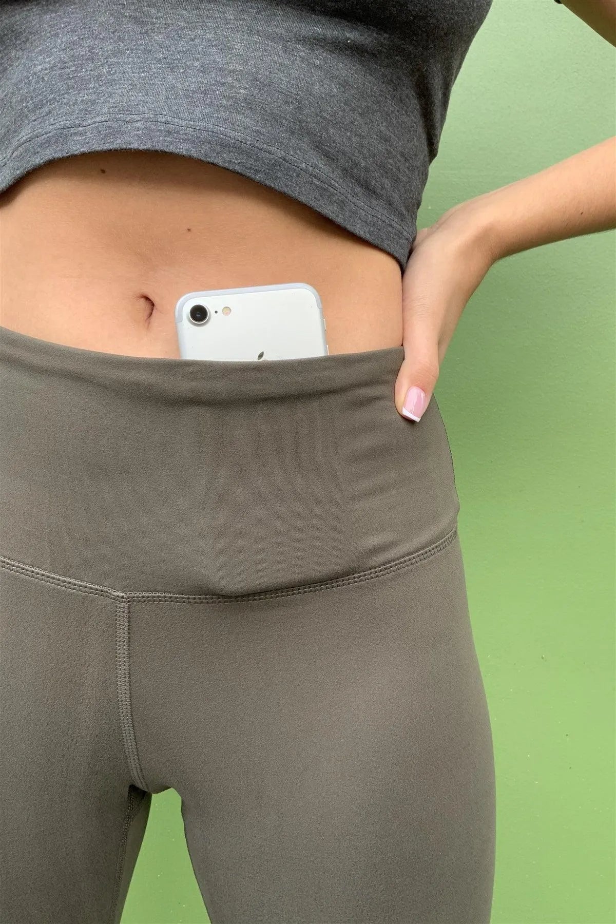 Olive Mid-Rise Inner Waist Pocket Detail Tight Fit Soft Yoga & Work Out Legging Pants /1-2-2-1 - Tasha Apparel Wholesale