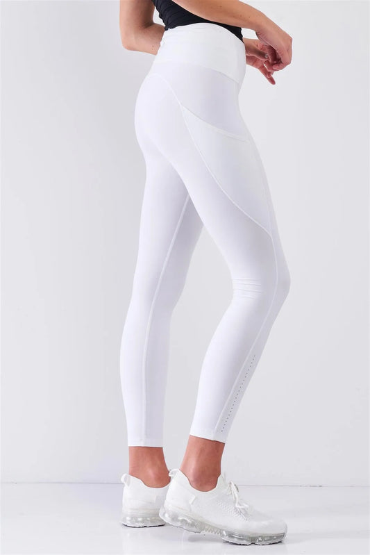White High Waist Thigh Pocket Detail Tight Fit Soft Yoga & Work Out Legging Pants /1-2-2-1 - Tasha Apparel Wholesale