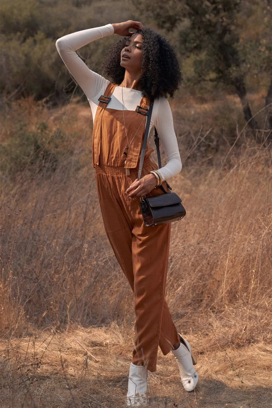 Camel Terracota Solid Casual Relaxed Fit Overall Jumpsuit /2-2-2 - Tasha Apparel Wholesale