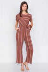 Rust Multi Stripe Flare Leg Front Knot Casual Jumpsuit /3-2-1 - Tasha Apparel Wholesale