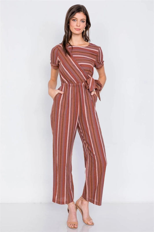 Rust Multi Stripe Flare Leg Front Knot Casual Jumpsuit /3-2-1 - Tasha Apparel Wholesale