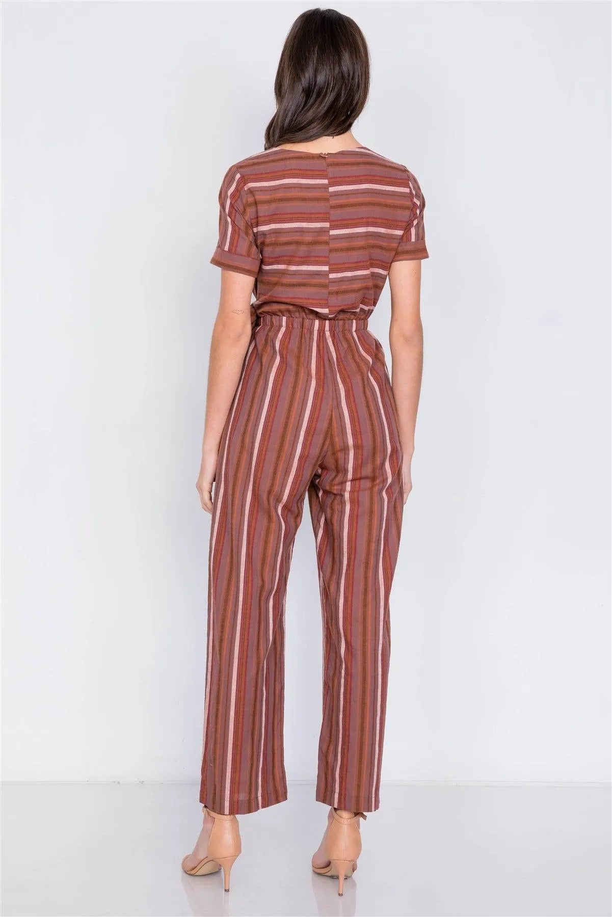Rust Multi Stripe Flare Leg Front Knot Casual Jumpsuit /3-2-1 - Tasha Apparel Wholesale
