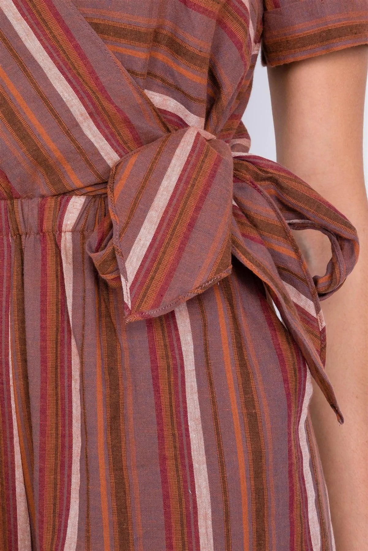 Rust Multi Stripe Flare Leg Front Knot Casual Jumpsuit /3-2-1 - Tasha Apparel Wholesale