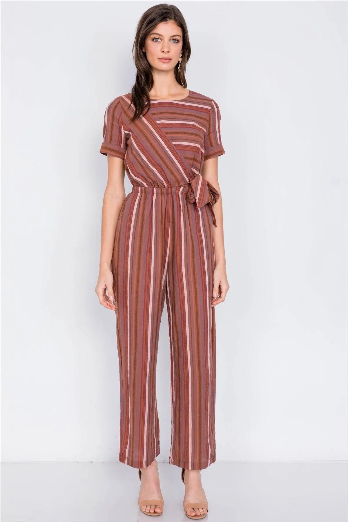 Rust Multi Stripe Flare Leg Front Knot Casual Jumpsuit /3-2-1 - Tasha Apparel Wholesale