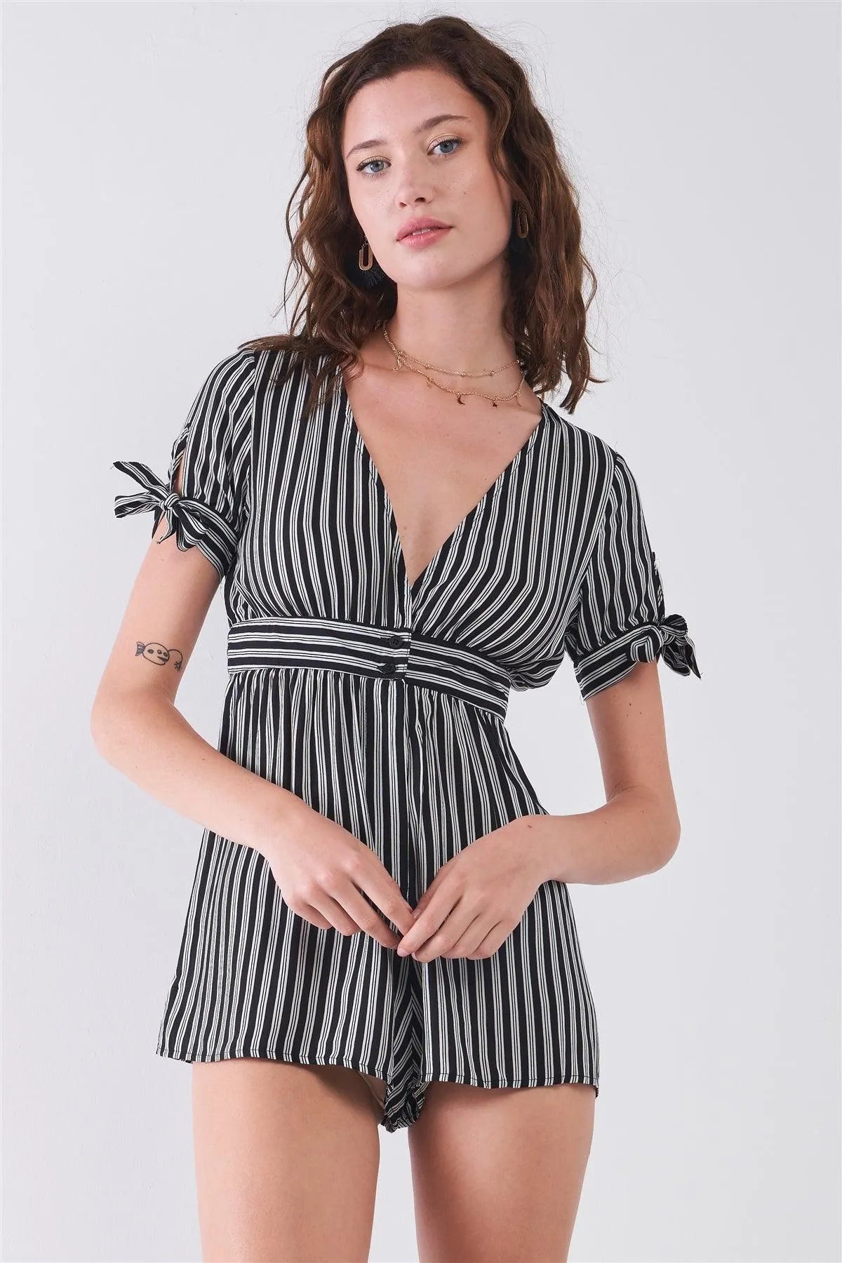 Black & White Striped Self-Tie Short Sleeve Detail V-Neck Flare Romper /3-2-1 - Tasha Apparel Wholesale