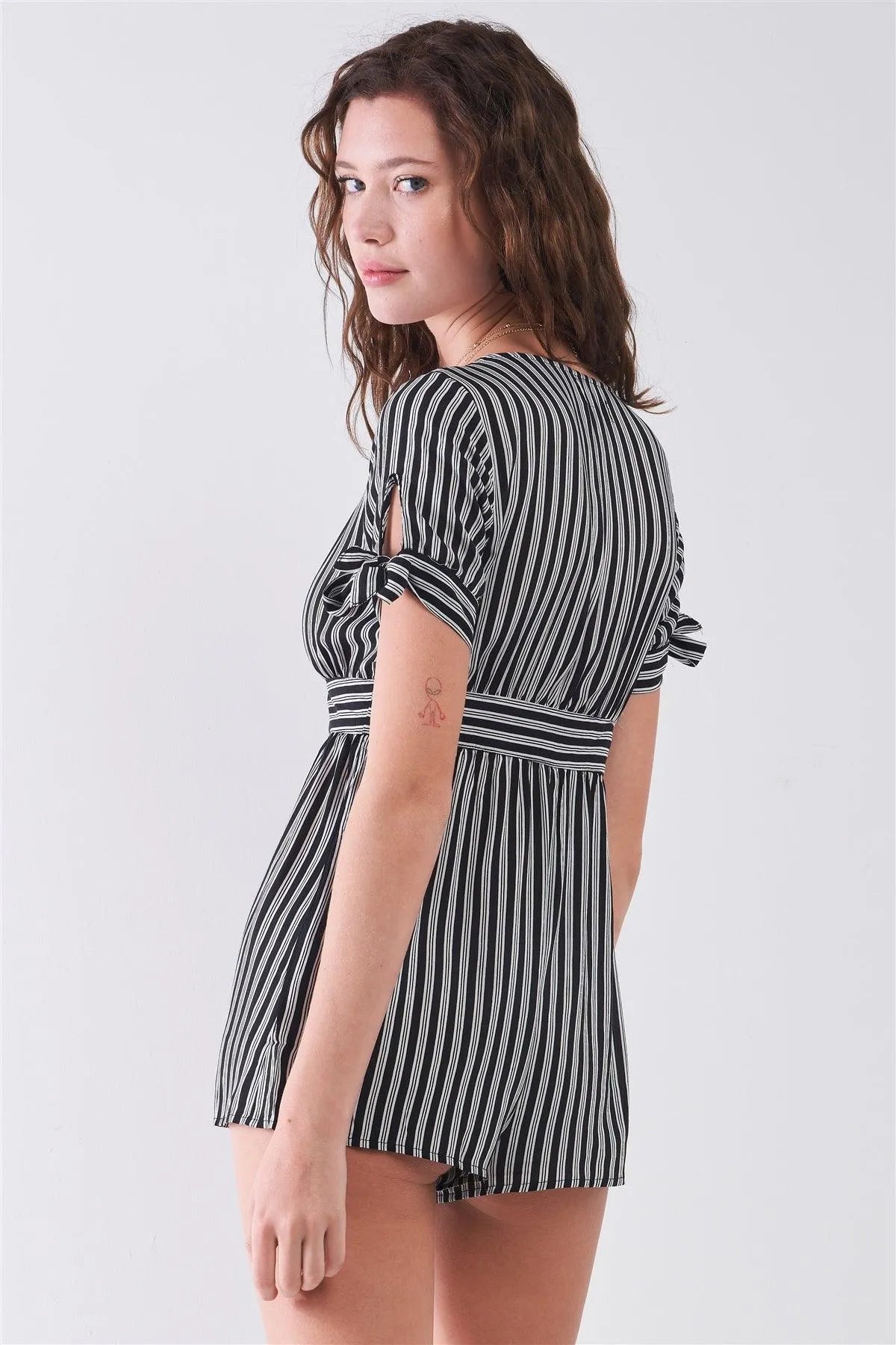 Black & White Striped Self-Tie Short Sleeve Detail V-Neck Flare Romper /3-2-1 - Tasha Apparel Wholesale