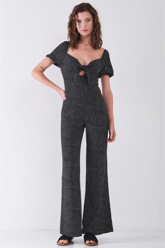 Black & White Polka Dot Sweetheart Neck With Self-Tie Detail Wide Leg Jumpsuit /3-2-1 - Tasha Apparel Wholesale