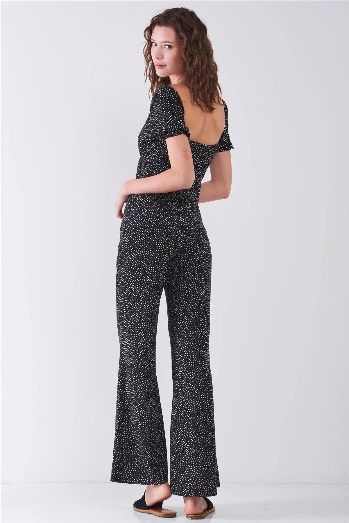 Black & White Polka Dot Sweetheart Neck With Self-Tie Detail Wide Leg Jumpsuit /3-2-1 - Tasha Apparel Wholesale